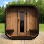 High - end Outdoor Sauna for Four People. It is a square - shaped, cube - structured sauna with a light box, representing a traditional outdoor sauna.