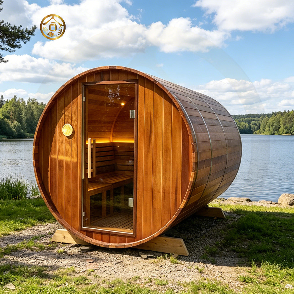 4 - 6 - person outdoor barrel - type sauna room, wooden barrel - type sauna room with electric stove。