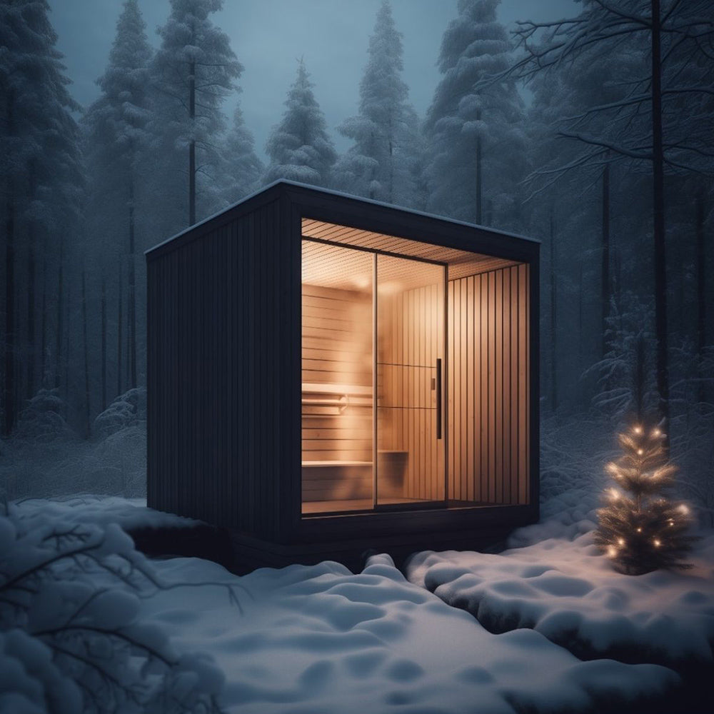 Custom - made newly - designed square cube - shaped outdoor sauna made of Canadian red cedar, equipped with infrared heating
