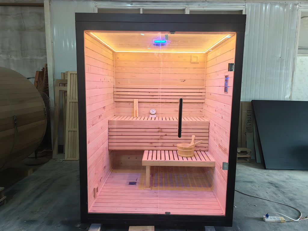 A modern indoor solid - wood sauna suite in a square - shaped room suitable for 2 - 4 people, equipped with an electric furnace and a control panel.