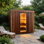 The outdoor square - shaped solid - wood sauna has a traditional and classic design. It is heated by an electric furnace, can be customized, and is suitable for 1 - 6 people.