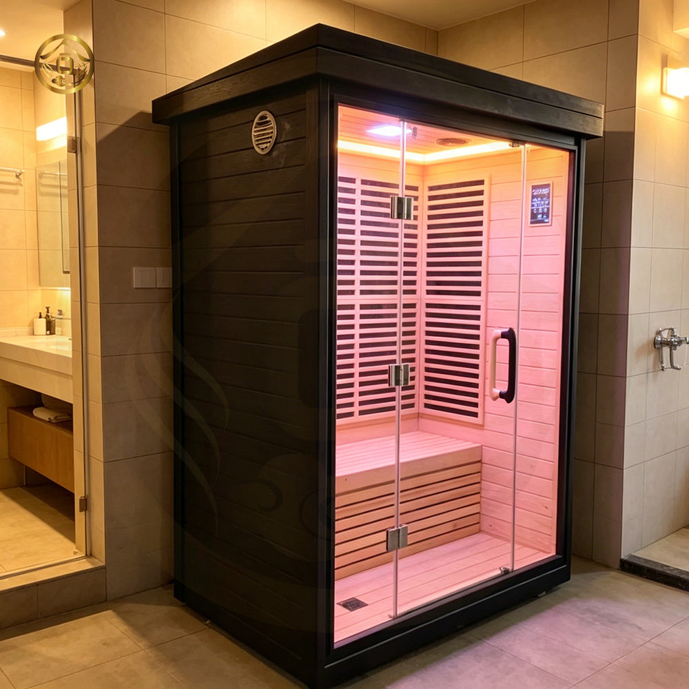 A modern indoor solid - wood sauna suite in a square - shaped room suitable for 2 - 4 people, equipped with an electric furnace and a control panel.
