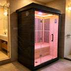 Modern square - shaped villa outdoor sauna made of dawn redwood, featuring full - spectrum infrared and red - light therapy, a digital control panel, and a steam indoor sauna function.