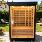 A modern indoor solid - wood sauna suite in a square - shaped room suitable for 2 - 4 people, equipped with an electric furnace and a control panel.