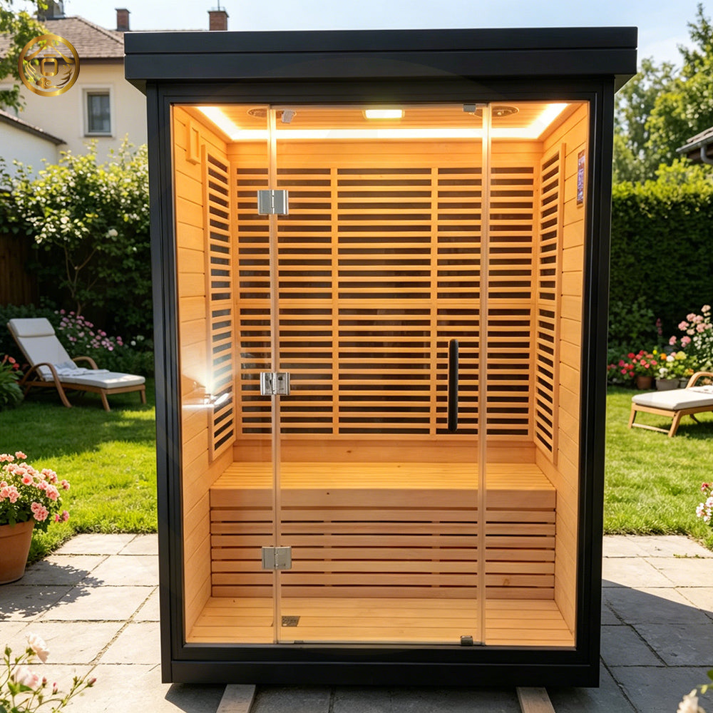 Modern square - shaped villa outdoor sauna made of dawn redwood, featuring full - spectrum infrared and red - light therapy, a digital control panel, and a steam indoor sauna function.