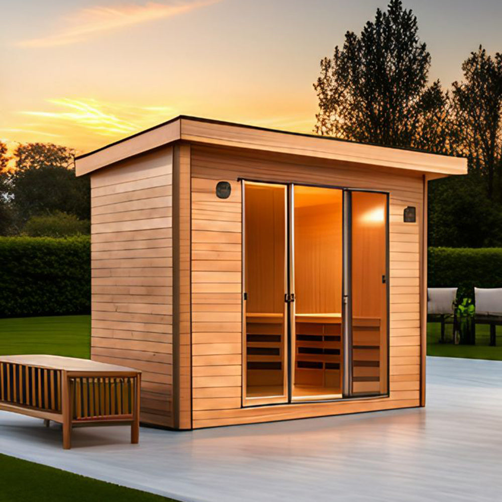 Custom - made square - shaped modern solid - wood outdoor sauna room with a computer control panel, suitable for a capacity of 4 people