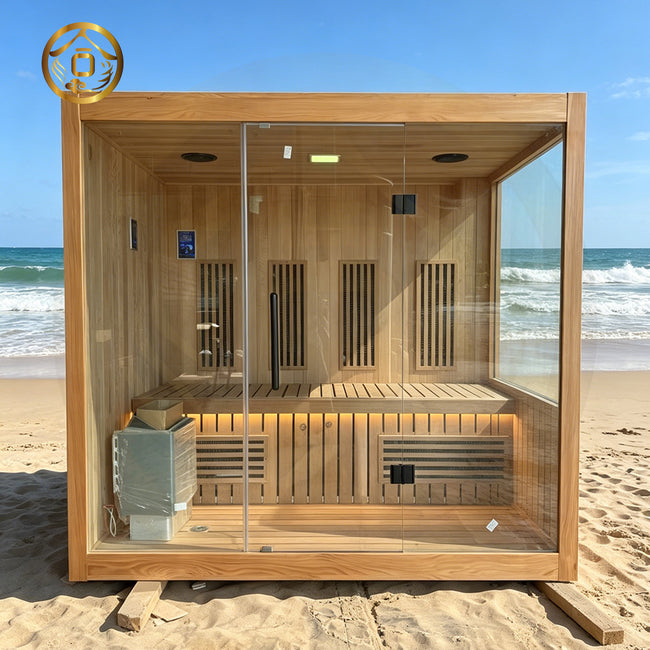 Outdoor traditional sauna - made of Canadian red cedar, hemlock, and pine. It is a large - sized square - shaped sauna that can accommodate 4 people. Hover Image