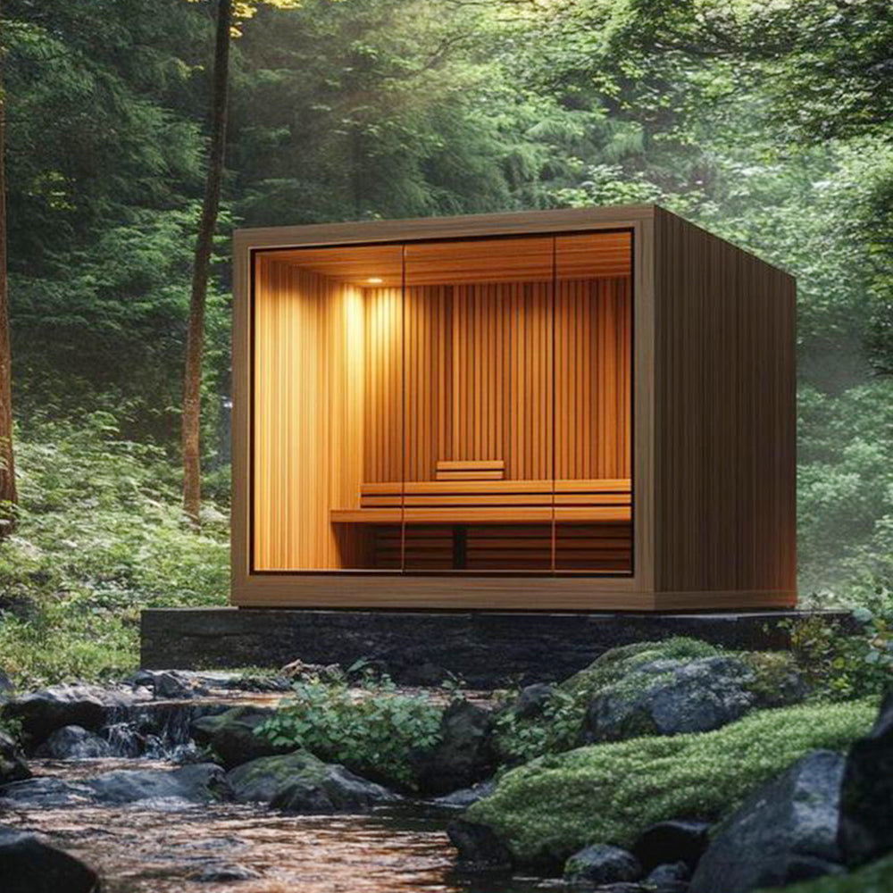Custom - designed square - shaped modern solid - wood outdoor sauna room. It comes with a computer control panel and has a capacity for 4 people.