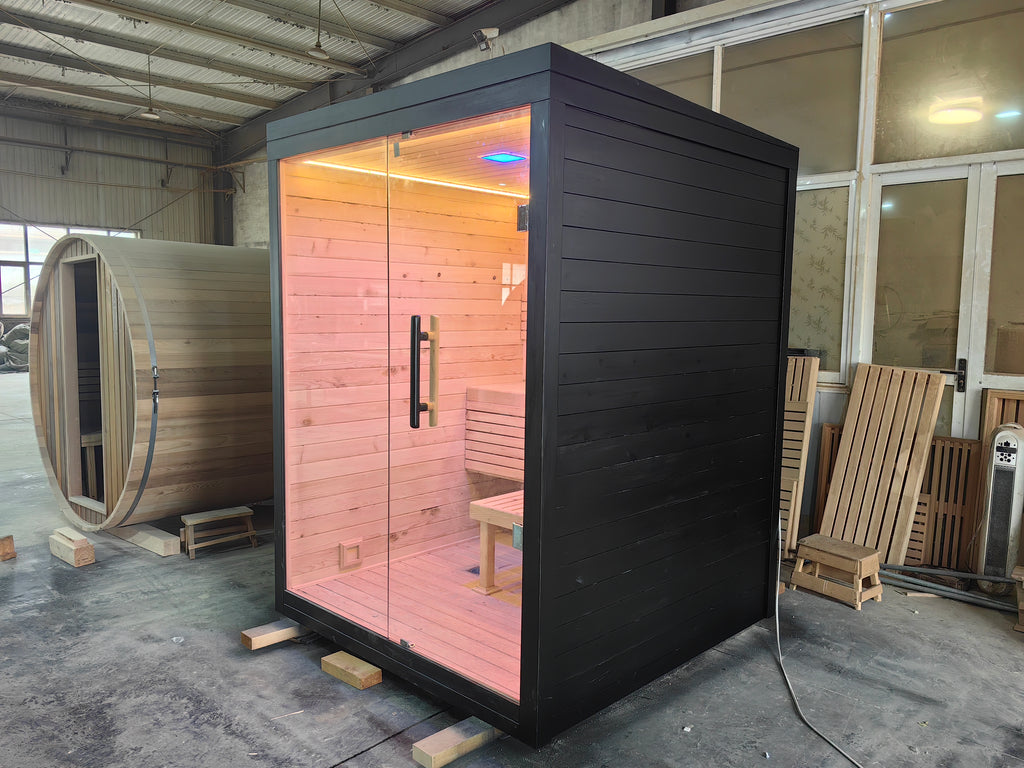 A modern indoor solid - wood sauna suite in a square - shaped room suitable for 2 - 4 people, equipped with an electric furnace and a control panel.
