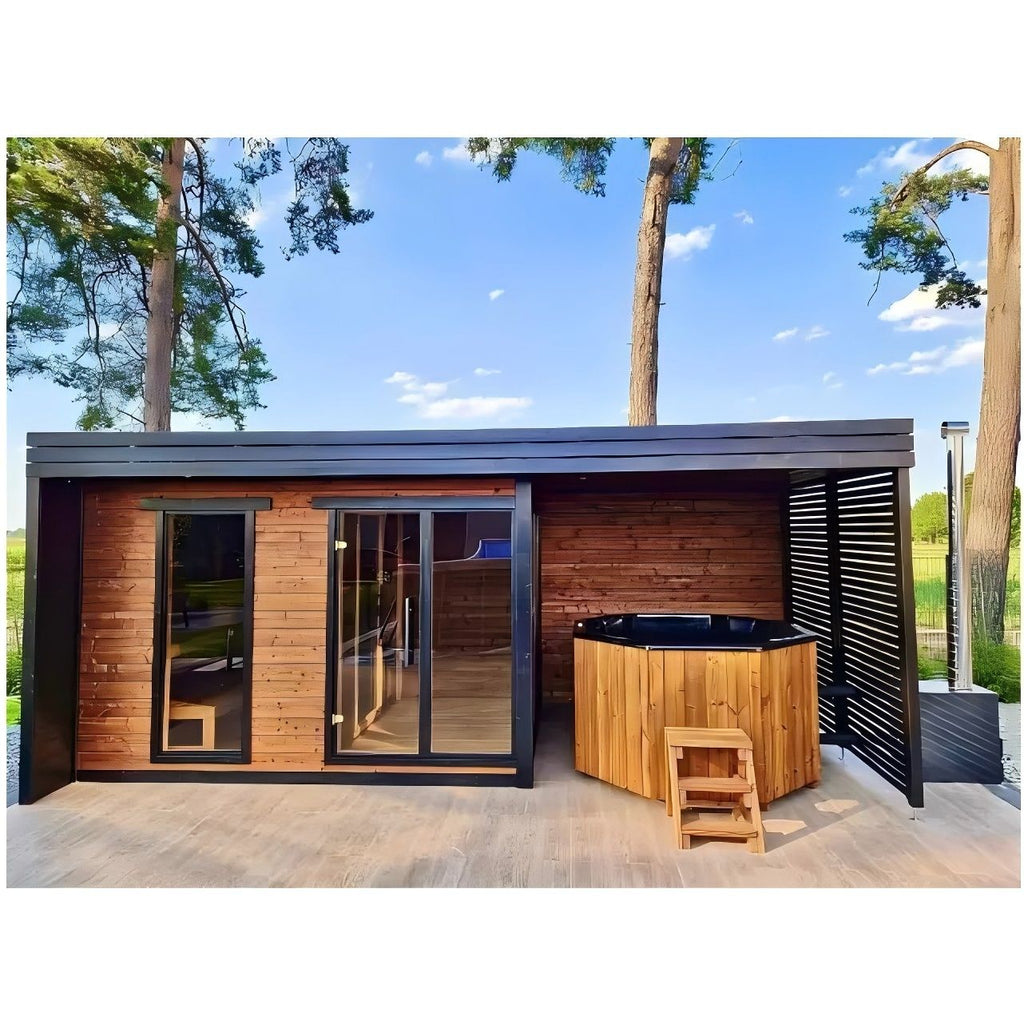 Custom - size high - quality cedar sauna room with red cedar glass windows. It features a modern design and has a large - sized bathtub space outdoors.
