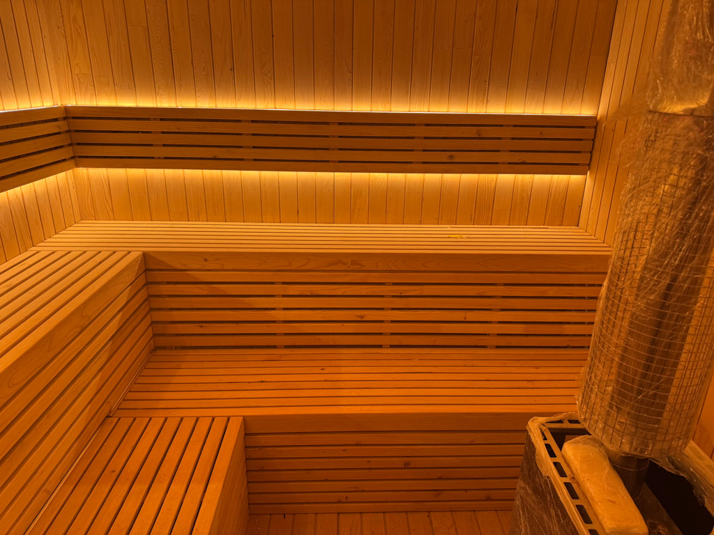 Luxurious square - shaped modern villa sauna made of solid red - cedar wood. It features a custom - designed layout, offers an outdoor panoramic view, and the dry - steam function can be customized.