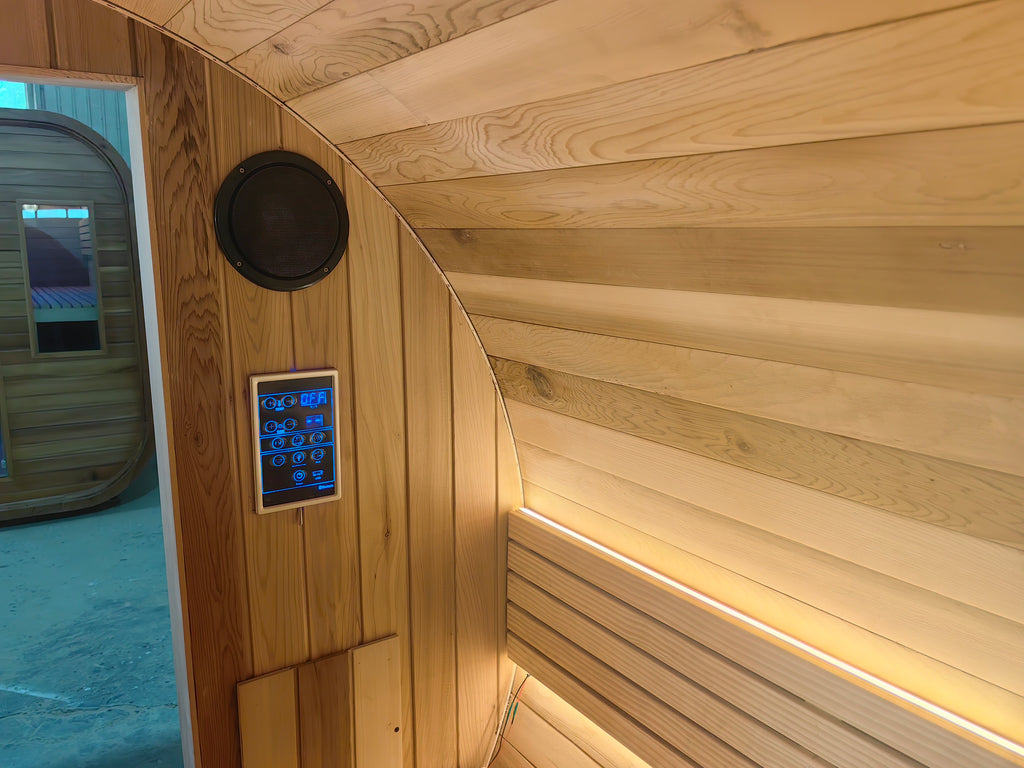 4 - 6 - person modern - designed outdoor sauna. It's a barrel - shaped traditional Finnish solid - cedar - wood steam sauna for home use.