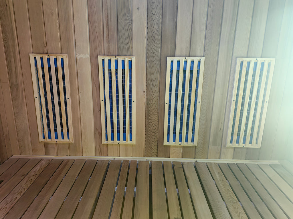 Outdoor traditional sauna - made of Canadian red cedar, hemlock, and pine. It is a large - sized square - shaped sauna that can accommodate 4 people.
