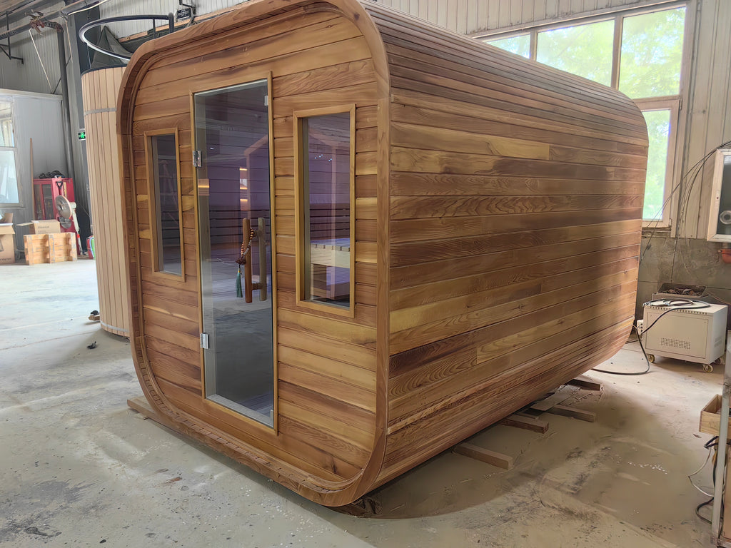 A stylish outdoor sauna cube with a wet - steam function, a computer control panel, made of western red cedar, suitable for 4 - 5 people.