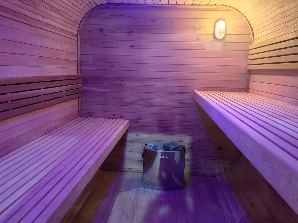 A stylish outdoor sauna cube with a wet - steam function, a computer control panel, made of western red cedar, suitable for 4 - 5 people.