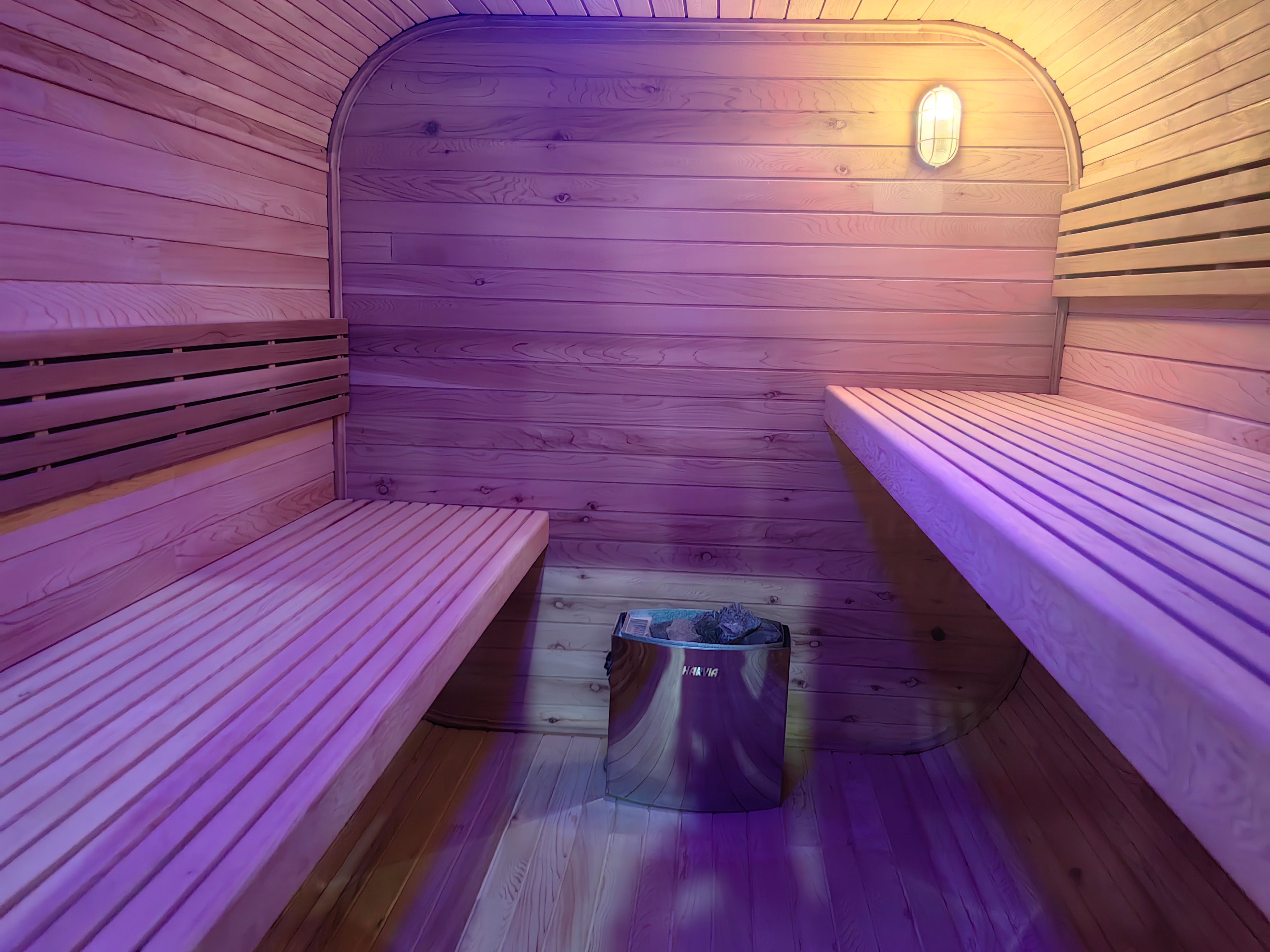 A stylish outdoor sauna cube with a wet - steam function, a computer control panel, made of western red cedar, suitable for 4 - 5 people.
