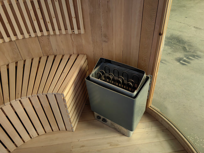 The factory's new design of a barrel - shaped sauna, made of red cedar. It's an outdoor wooden brown panoramic sauna barrel with a customized ladder and a balcony. Main Image