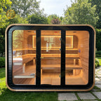 A steam sauna in an outdoor pine - made square for 4 - 6 people, which is suitable for families to relax in nature.
