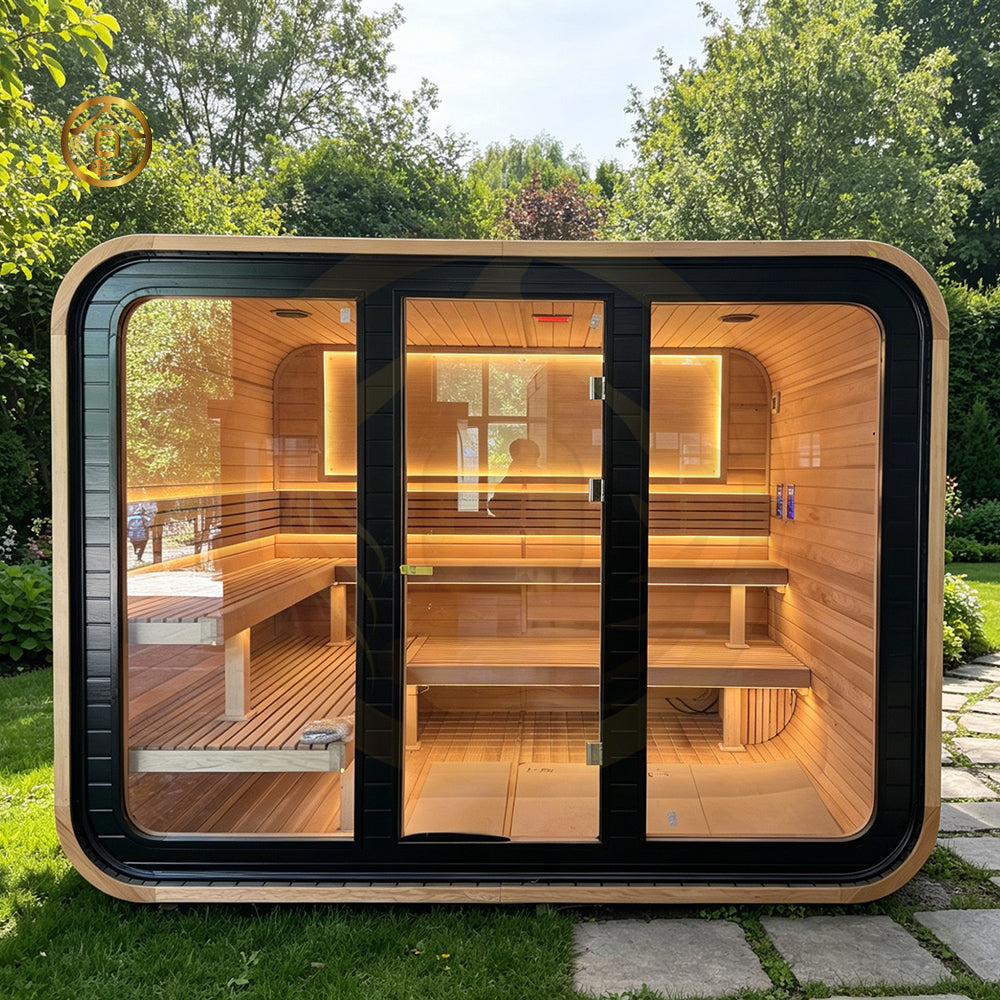 A steam sauna in an outdoor pine - made square for 4 - 6 people, which is suitable for families to relax in nature.