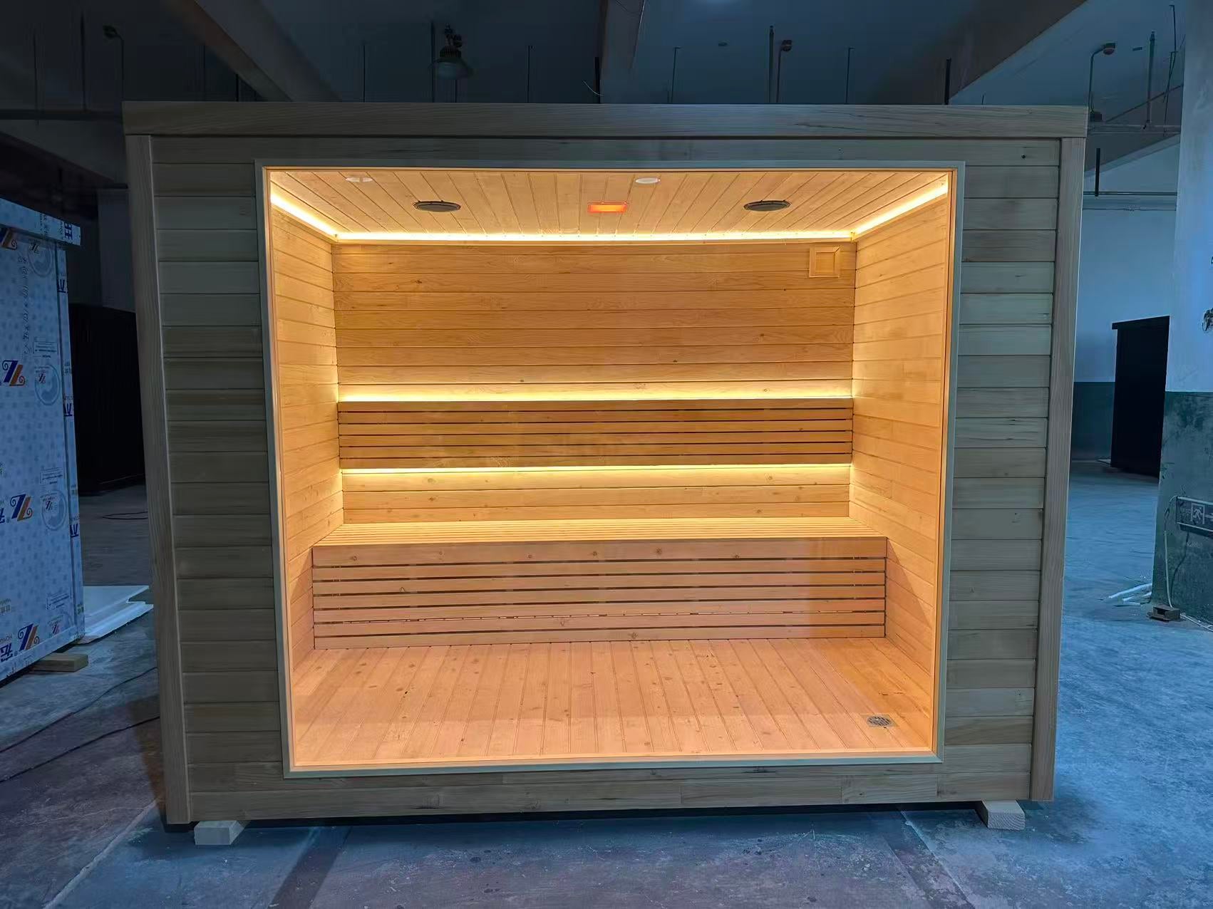 Traditional 2 - 4 - person outdoor sauna room with a 6kW electric furnace, made of red cedar in a square shape