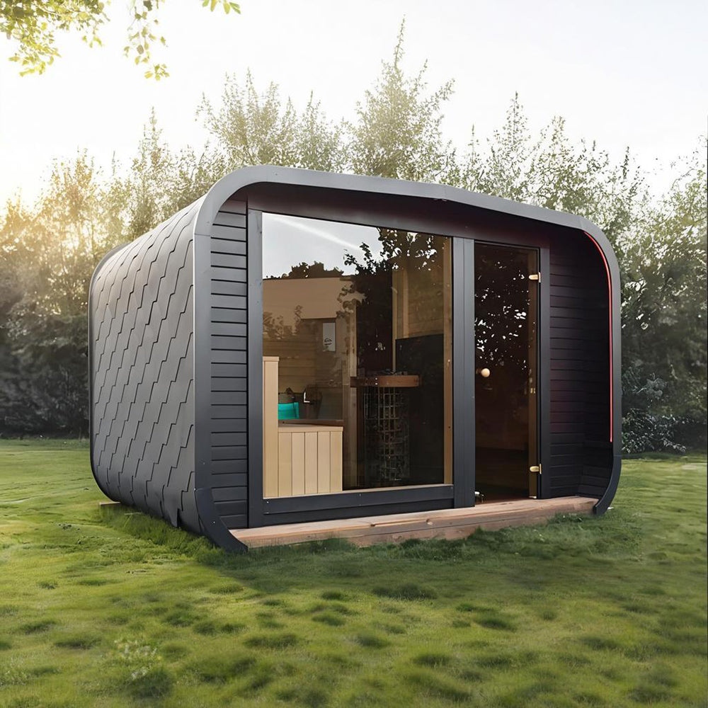 Durable cube - shaped sauna room with light box, outdoor wooden square sauna room with LED lighting, suitable for home spas.