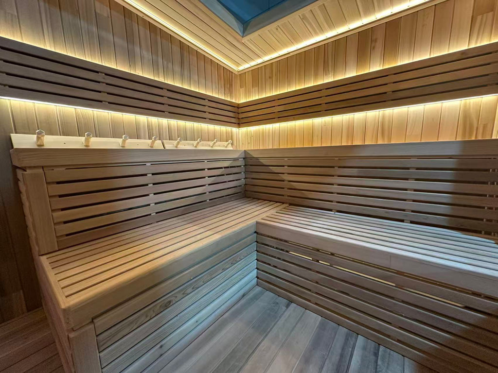Custom - made high - end hand - crafted traditional outdoor cube - shaped sauna made of Chinese fir (accommodating 4 - 6 people), equipped with an electric sauna heater and a glass door.