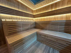 Custom - made high - end hand - crafted traditional outdoor cube - shaped sauna made of Chinese fir (accommodating 4 - 6 people), equipped with an electric sauna heater and a glass door.