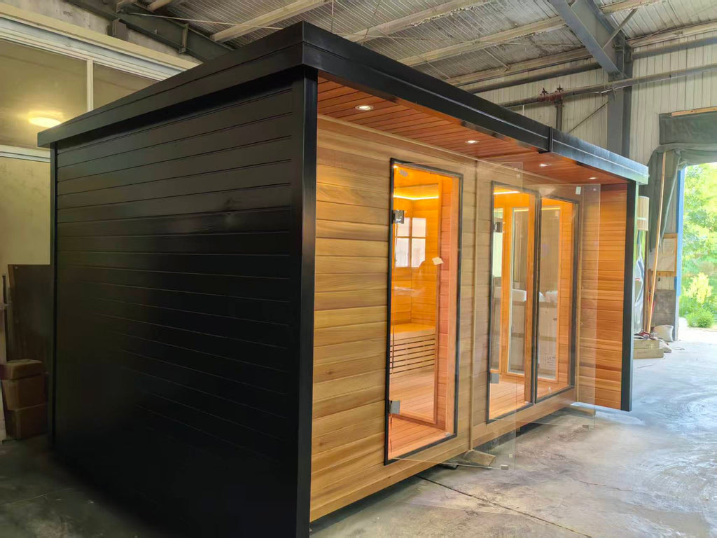 Large - scale outdoor traditional wooden sauna. A custom - made dry - heat garden sauna for 4 - 8 people, suitable for hotel spas.