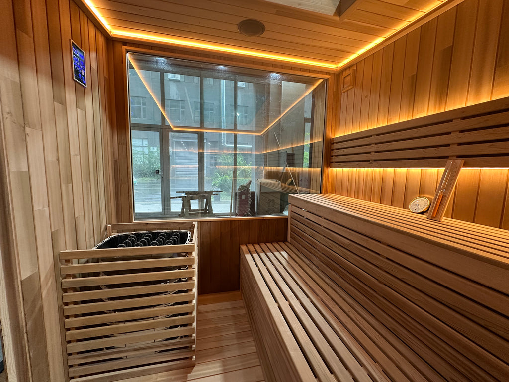 Square Wooden Outdoor Sauna With Rain Canopy, Electric Dry Steam, Custom Size For Villa Courtyard