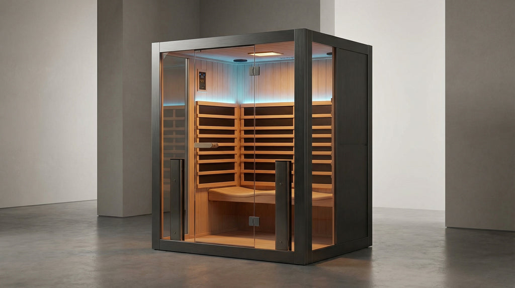 Durable square - shaped sauna. This outdoor wooden square sauna comes with LED lighting and is suitable for home spas.