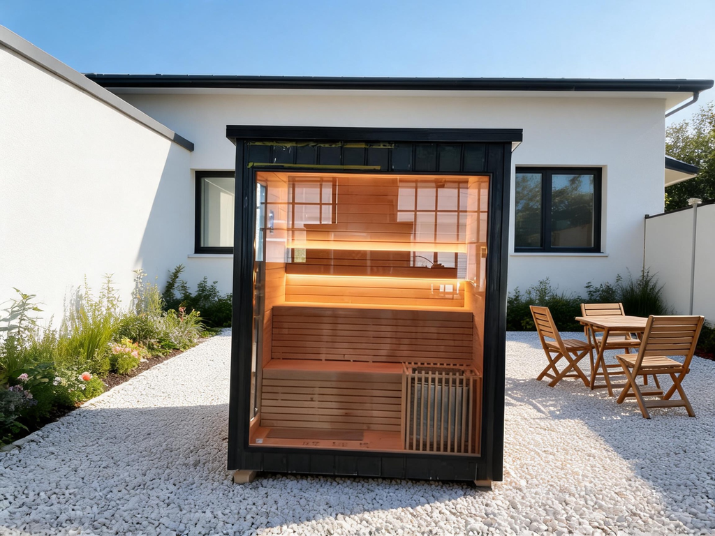 Custom - made square - shaped modern outdoor solid - wood water - cooled and electric - furnace - heated sauna for villa spas