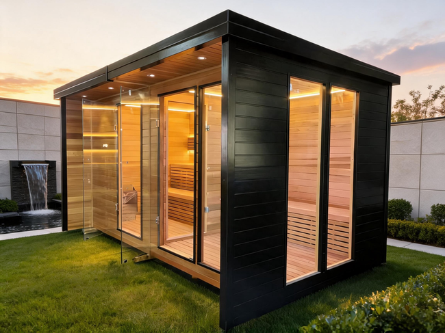 Large - scale outdoor traditional wooden sauna. A custom - made dry - heat garden sauna for 4 - 8 people, suitable for hotel spas. Hover Image