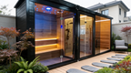 Luxurious solid red cedar modern electric - heated outdoor steam sauna with a Bluetooth control panel, customizable and of large capacity, suitable for 2 - 8 people in villas.