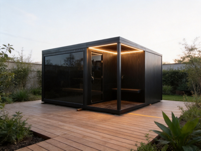 Large multi - compartment combined sauna. A split - type customized sweat - steaming wooden house for villa courtyards, heated by an electric furnace with sauna stones, controlled by a control panel. It is an outdoor sauna. Hover Image