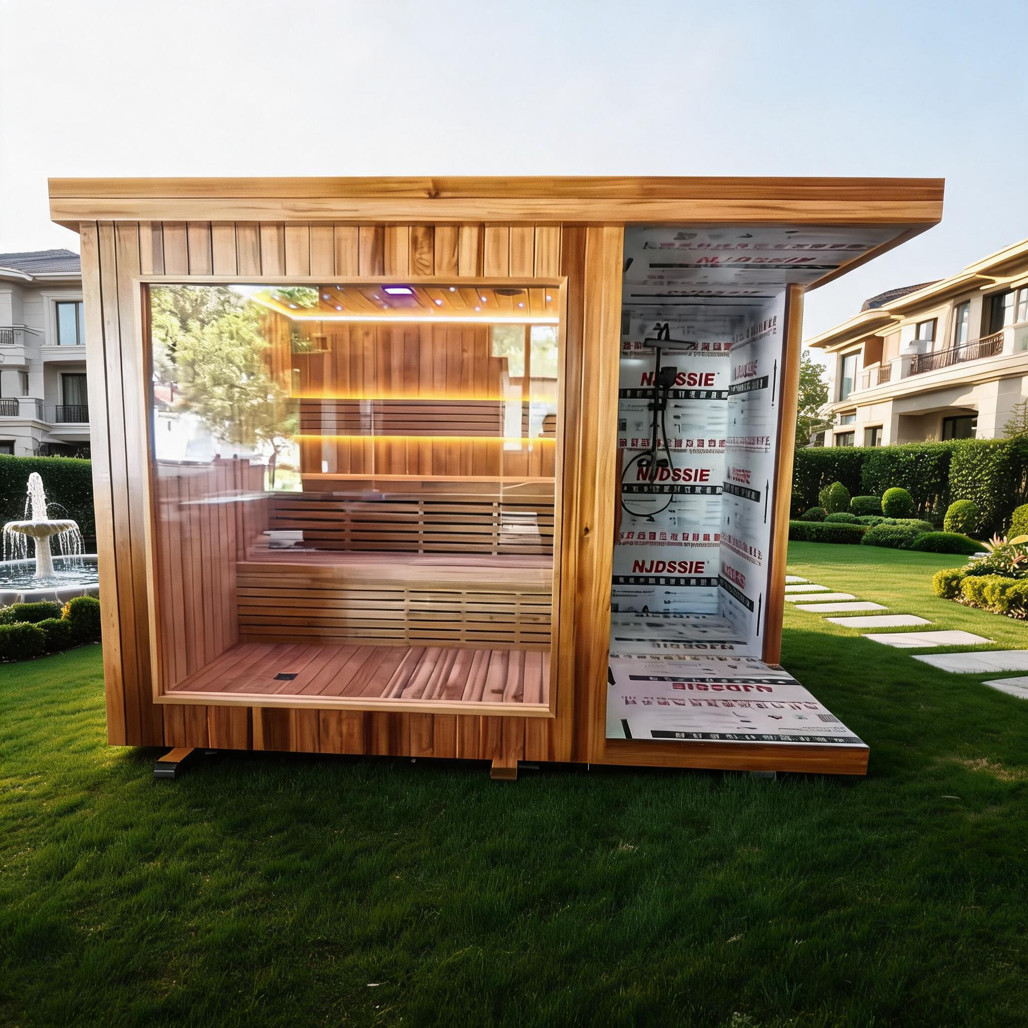 Outdoor luxury modern far - infrared sauna room, equipped with a shower room, waterproof. It is heated by an electric furnace with sauna stones and controlled by a control panel, suitable for use in the backyard garden.