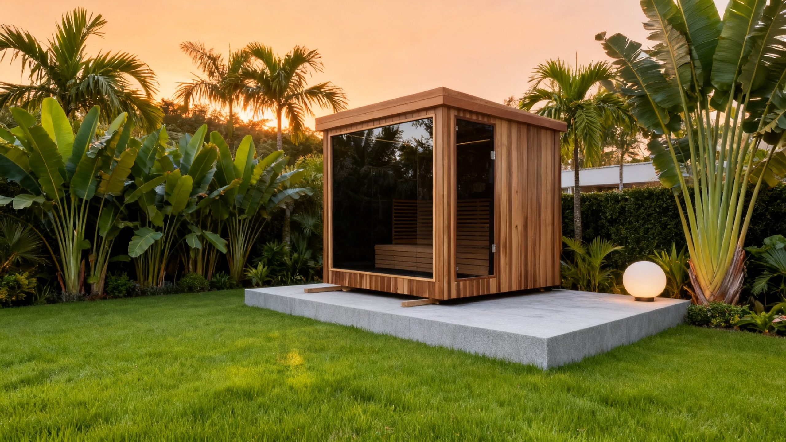 Outdoor courtyard square infrared sauna. An integrated sweat - steaming house in the open - air garden, which is waterproof and customizable in size.
