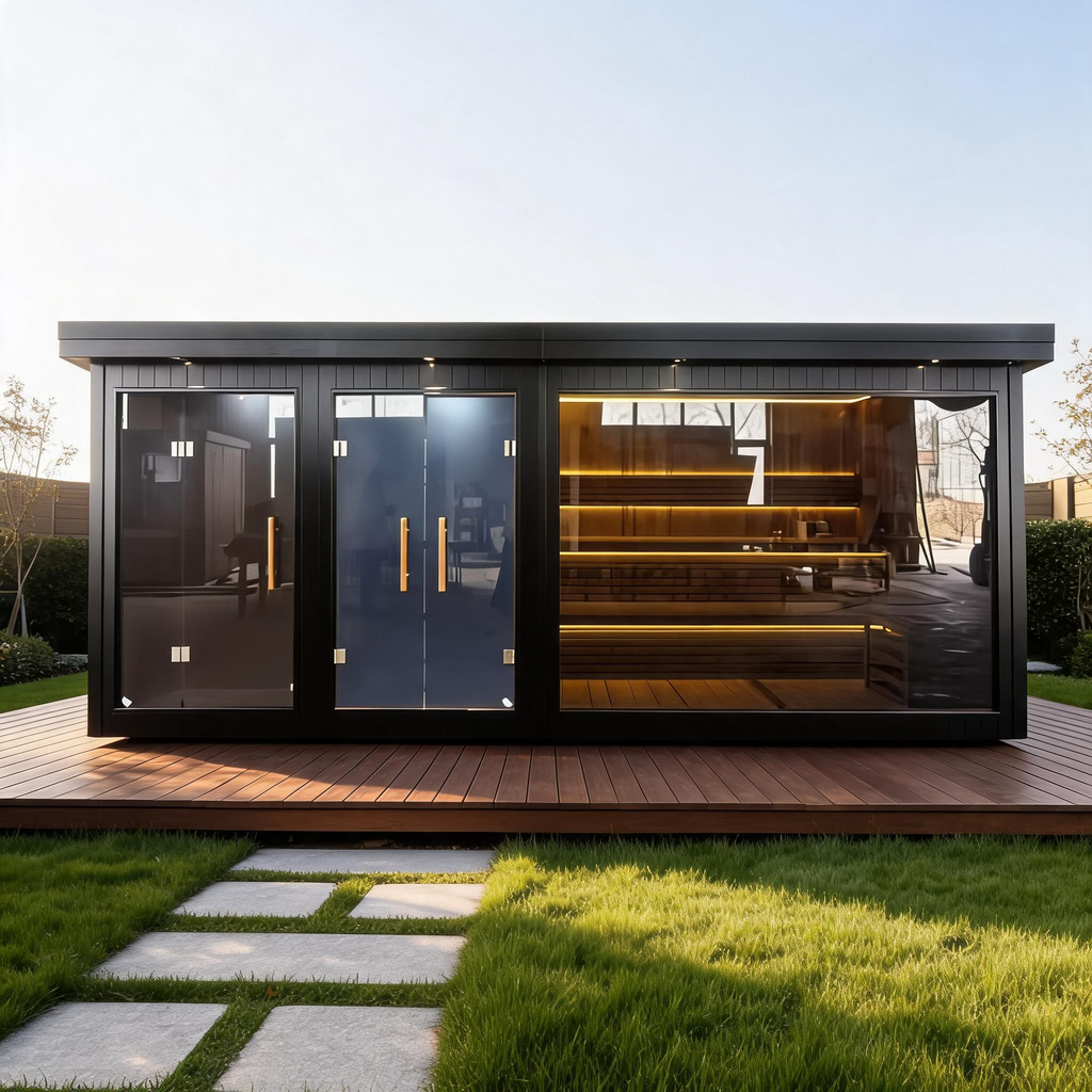 Multi - room zoned electric - furnace dry - steaming sauna house, equipped with an independent shower area and storage space. It can be custom - made for large - scale integration in courtyards and clubs as required.