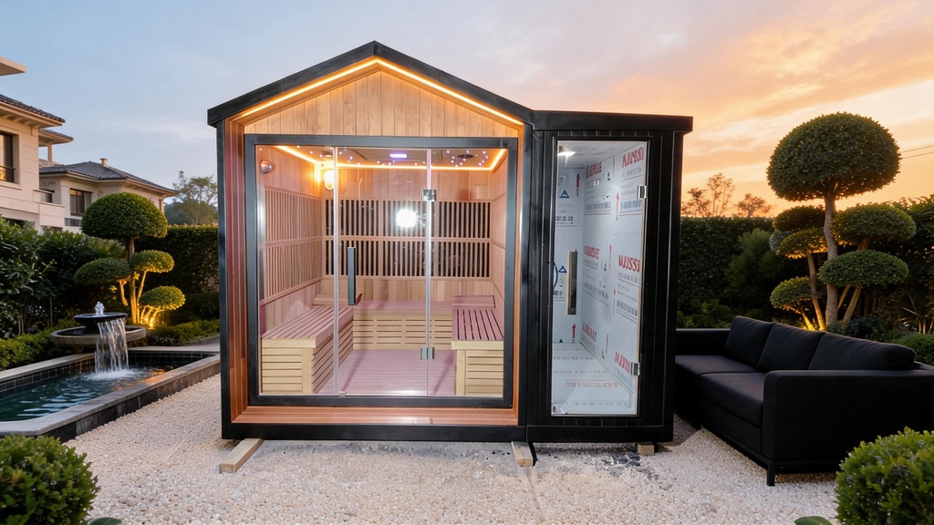 Custom - made pointed - roof far - infrared light - wave sauna room with a built - in independent shower area. It is a sweat - steaming house suitable for both indoor and courtyard use, and the style and size can be customized as required.