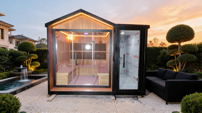 Custom - made pointed - roof far - infrared light - wave sauna room with a built - in independent shower area. It is a sweat - steaming house suitable for both indoor and courtyard use, and the style and size can be customized as required. Hover Image