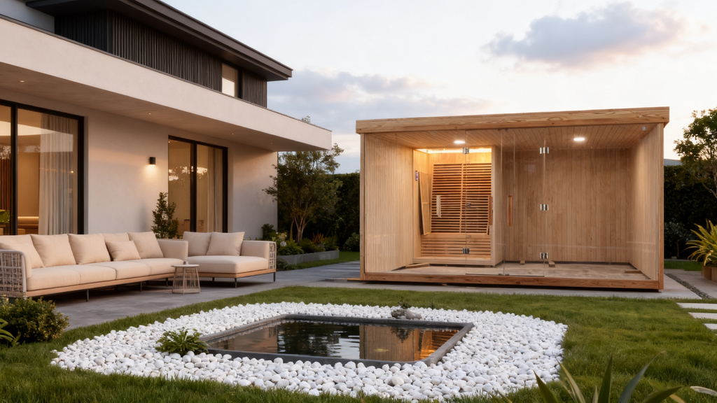Outdoor large - scale integrated sauna room comes with a rain - proof canopy. It uses far - infrared spectrum heating. The whole sauna room for villa courtyards is made of solid wood and can be customized with non - standard dimensions.