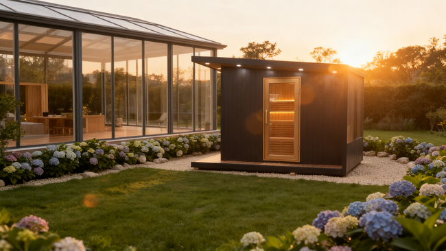 Square Wooden Outdoor Sauna With Rain Canopy, Electric Dry Steam, Custom Size For Villa Courtyard Hover Image