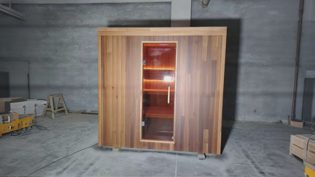 Luxury far - infrared sauna room. It can accommodate 2 - 4 people. It is an indoor wooden sauna cabin, comes with accessories and can be customized. Hover Image