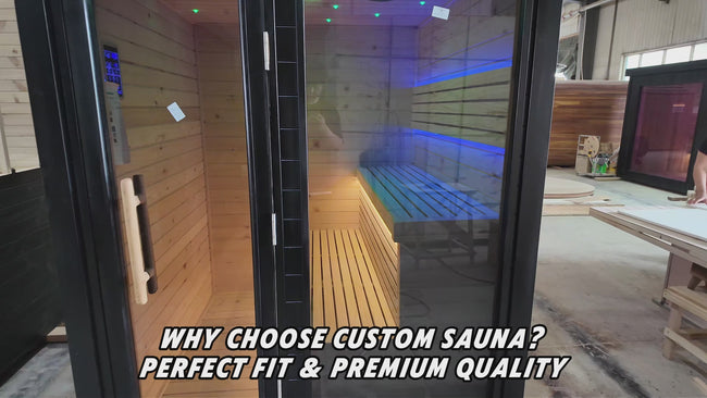 Custom - sized outdoor solid - wood steam sauna. It features a traditional square style and is designed for relaxation in the garden. Hover Image