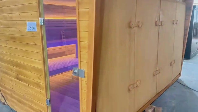 Custom - made high - end hand - crafted traditional fir outdoor cube - shaped sauna (accommodating 4 - 6 people), equipped with an electric sauna heater and a glass door Hover Image