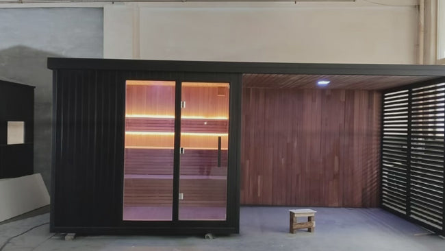 Luxurious modern solid - wood outdoor multi - person sauna room for villas. It has a grille and can accommodate a bathtub, with a large size. Hover Image
