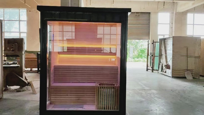 Custom - made square - shaped modern outdoor solid - wood water - cooled and electric - furnace - heated sauna for villa spas Hover Image