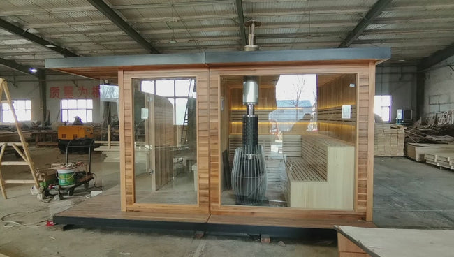 Custom - made large - scale sauna with a modern design. It has three rooms, is equipped with a computer control panel, can be heated by a wood - burning stove, and is suitable for outdoor terraces. Hover Image