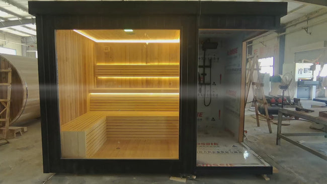 A modern - designed outdoor sauna room made of red cedar, with comfortable benches, a shower, a waterproof roof, and it has an affordable price. It is suitable for family villas. Hover Image