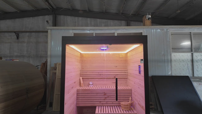 Modern square - shaped indoor solid - spruce electric - heated sauna. It can accommodate 3 people, has a wet - steam function, is environmentally friendly, and is suitable for commercial villas. Hover Image