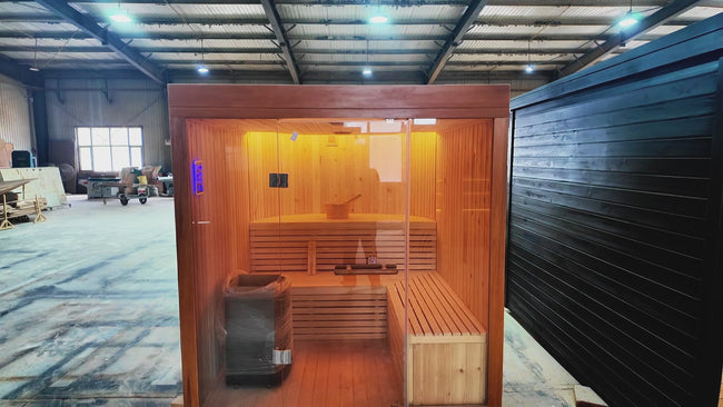 Modern electric solid - wood steam sauna for 4 - 5 people in an outdoor villa style. It has an electric furnace heating function and is suitable for use in gyms and for leisure purposes. Hover Image